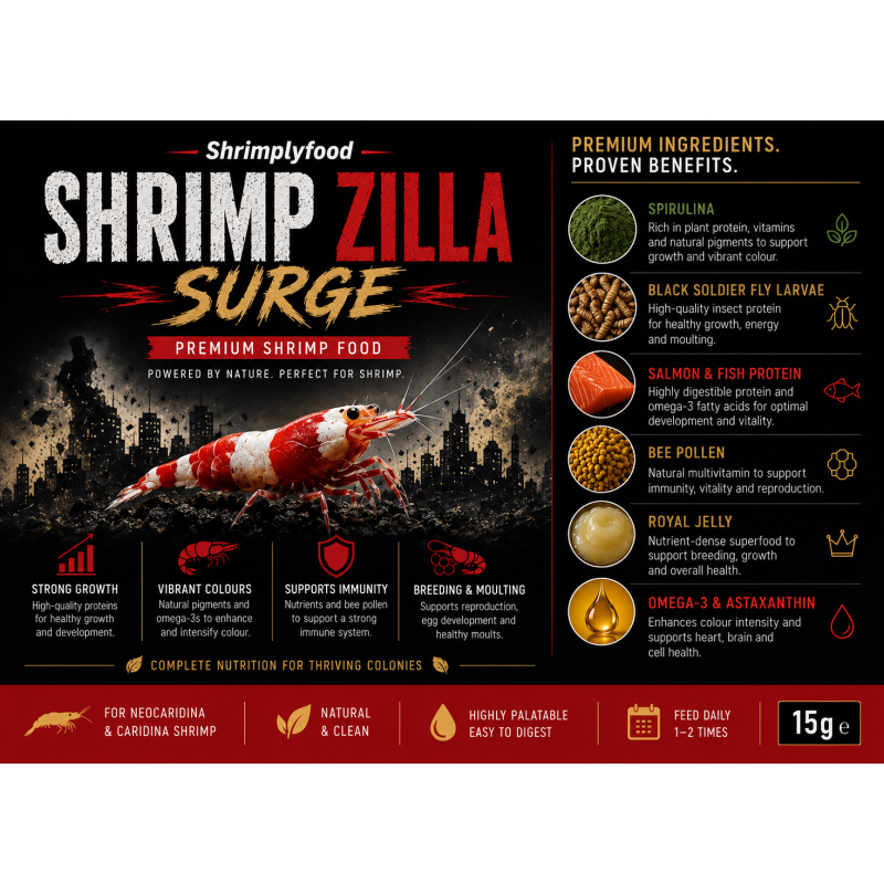 Shrimp Zilla Surge - Premium Highest Quality Shrimp Food. The best sourced ingredients, tailored for optimal health and vitality! 15 grams!